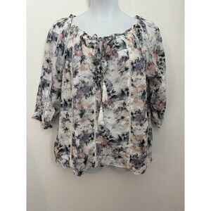 Caffe Marrakesh Blouse Tunic Large Boho Peasant Crochet Trim Blue White Pink EUC